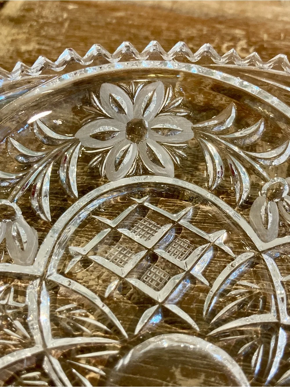 Cut Glass Floral Pattern With Sawtooth Edge 6”